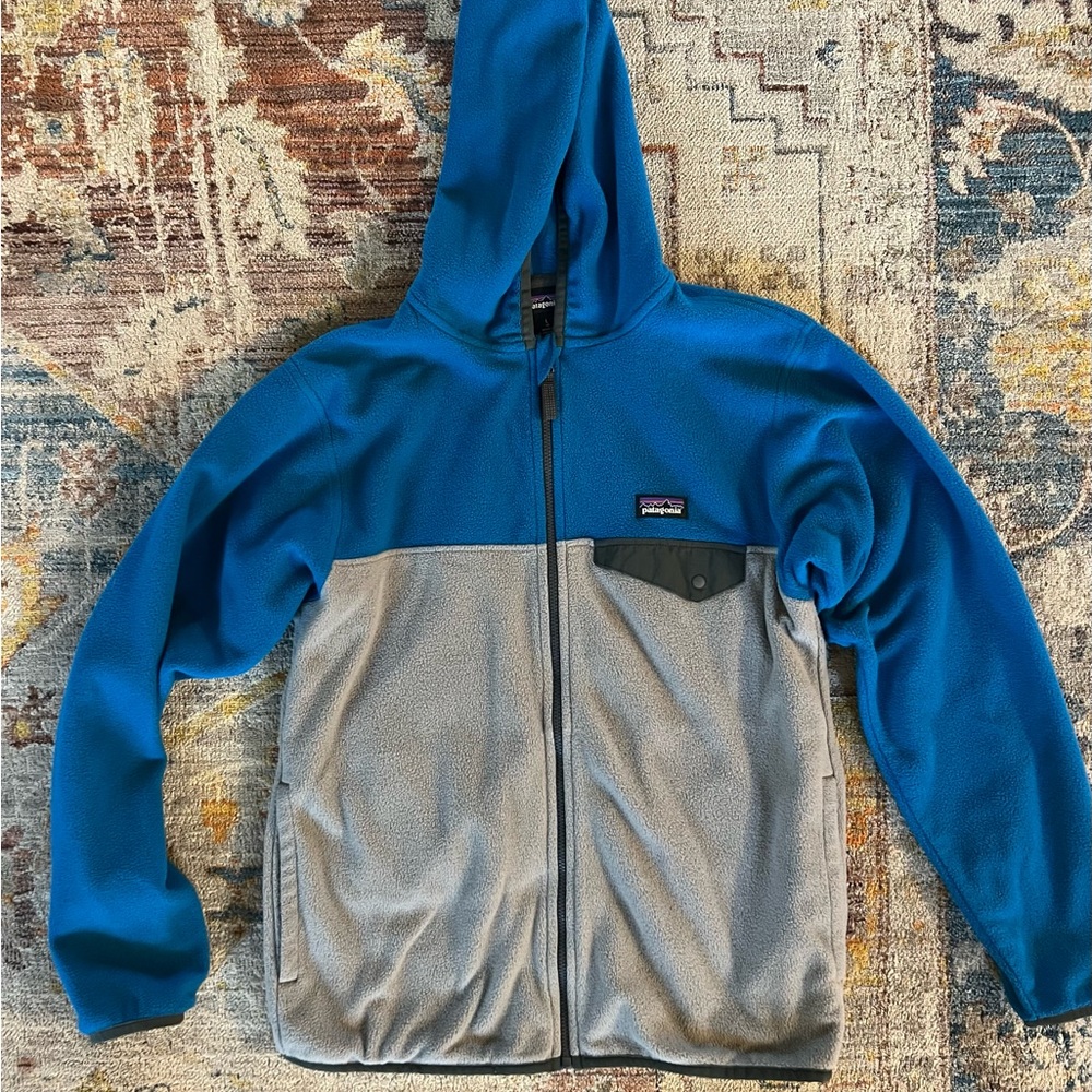 Patagonia Blue & Gray Hooded Zip-Up Jacket Fleece Boys Size Large/12